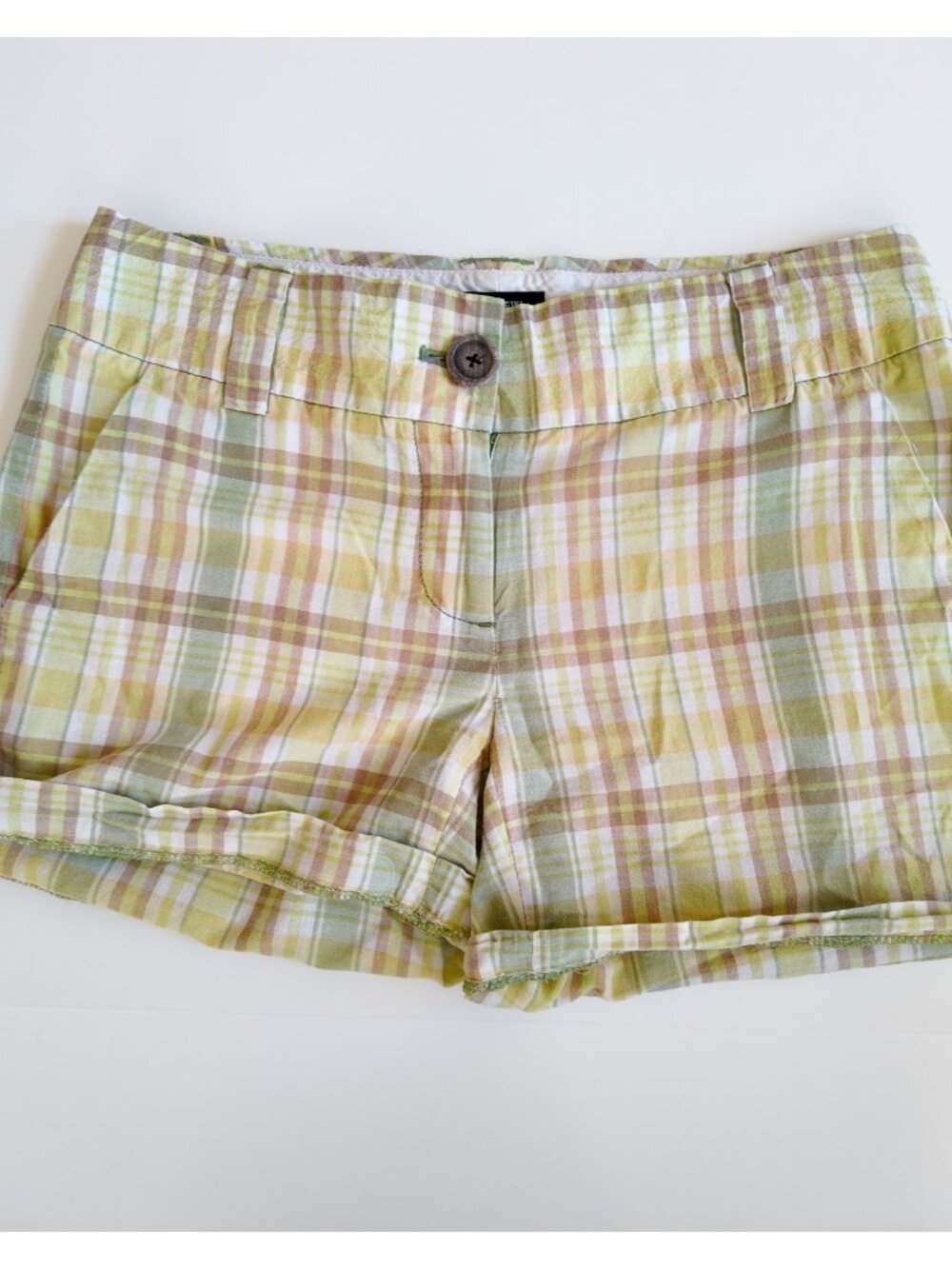 J Crew Chino Shorts Cuffed Plaid Y2K Twee Preppy Cotton Lime Green Tan Size 0